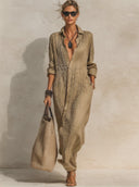 Women's Solid-Color Single-Breasted Pleated Maxi Dress ZMZ0808F0XT