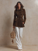 Women's Military-Style Double-Breasted Suede Mid-Length Coat ZMZ0898I6XT