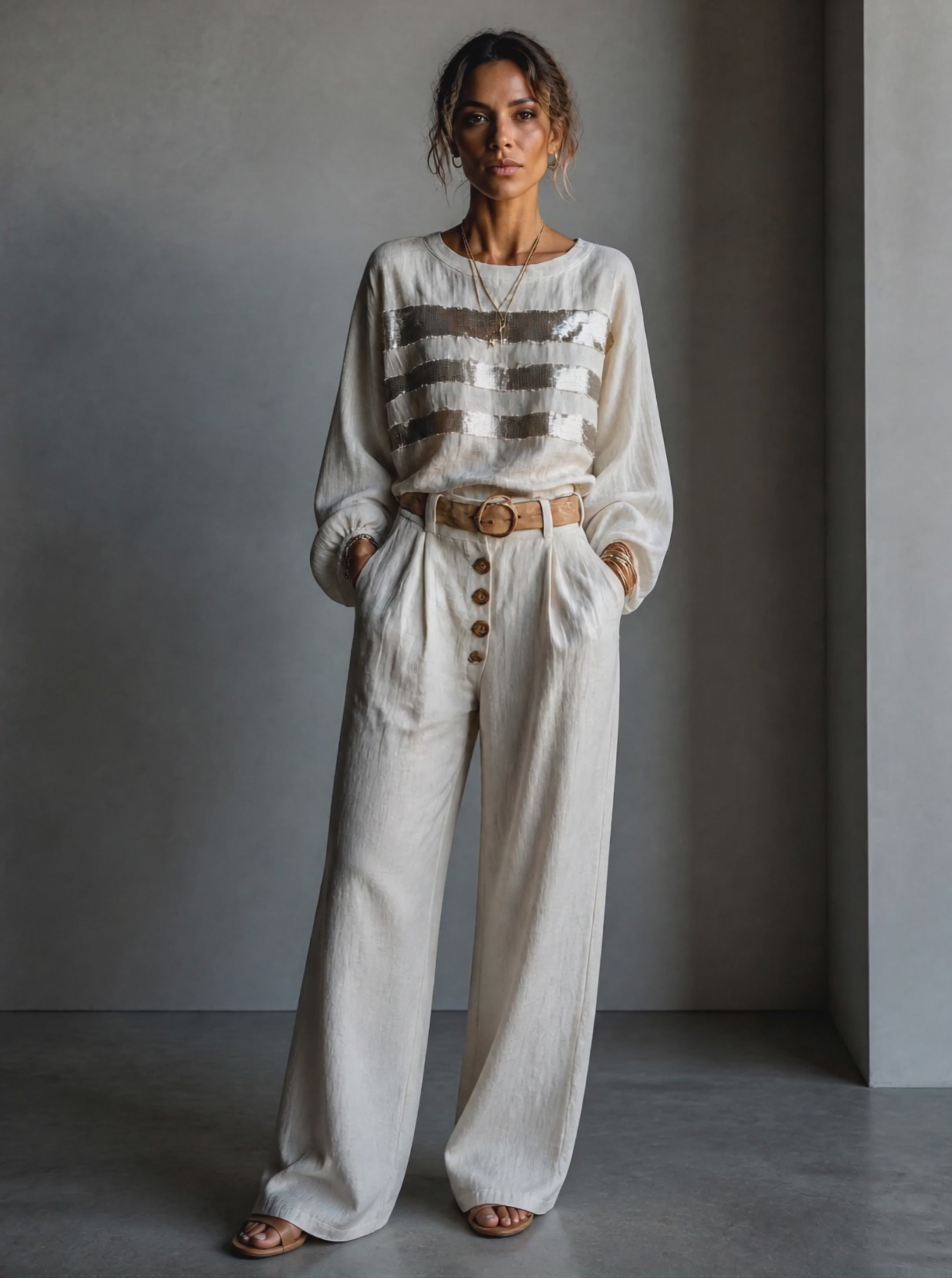 Women's Retro Casual Cotton Linen Sequin Striped Patchwork Crew Neck Pullover Shirt ZMZ0735H1ZJY
