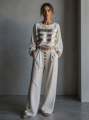 Women's Retro Casual Cotton Linen Sequin Striped Patchwork Crew Neck Pullover Shirt ZMZ0735H1ZJY