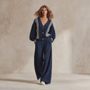 Women's Striped Ribbed Knit Cardigan And Wide-Leg Pants Set ZMZ0776I4XT
