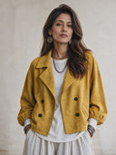 Women's Vintage-Style Faux Suede Lapel And Lantern Sleeves Double-Breasted Jacket ZMZ2844H8ZYY