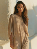 Women Crinkle Texture Gauze Maxi Kaftan Dress Round Neck Batwing Sleeve Side Split Loose Beach Resort Cover Up Tunic ZMZ2015G3YZH