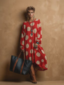 Women's Retro-American Style Casual Polka Dots And Crew Neck Loose-Fit Long-Sleeve Knit Maxi Dress ZMZ0675H6ZYY
