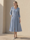 Women's V-Neck Button-Front Linen Midi Dress ZMZ0735I7XT