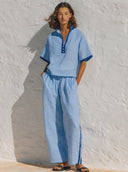 Women's linen color-blocked trimmed short-sleeved top and wide-leg pants casual two-piece set-ZMZ0228G7XT