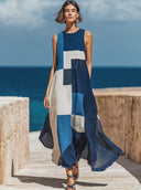 Women's Retro Casual Geometric Print Round Neck Sleeveless Midi Dress ZMZ1547D4ZJY