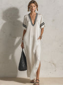 Women's Premium Minimalist Satin V-Neck Short-Sleeve Loose Maxi Dress ZMZ2741E5ZYY