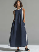 Women's Cotton-Linen Color-Block Crew-Neck Maxi Dress ZMZ2271F2XT