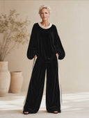 Women's Vintage Elegant Velvet Set: Round-Neck Lantern-Sleeve Top And Elastic-Waist Wide-Leg Pants ZMZ1913H6ZYY