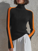 Women's Retro Casual Color Block High Neck Ribbed Knit Sweater ZMZ0649H2ZJY