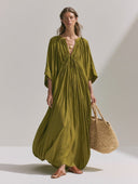 Women's Casual Resort-Style Tencel-Cotton-Linen Blend Loose V-Neck Midi Dress ZMZ2156G3ZYY