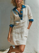 Women Premium Cotton Linen Color Block Polo Shirt Dress Half Button Long Sleeve Loose Mini Tunic Dress With Pockets, Summer Beach Vacation Dress ZMZ2958F2YZH