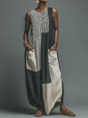 Women's Resort Casual Style Linen-Blend Patchwork Sleeveless Maxi Dress With Pockets ZMZ3047D8YZH
