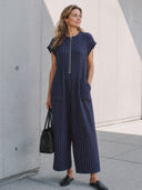 Women's Classic Navy Blue Cotton Striped Zip-up Collar Loose Jumpsuit ZMZ3025G8SWL