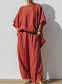 Women's Casual Effortless Loungewear Style Linen-Cotton Oversized Two-Piece Set ZMZ1554E0YZH