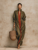 Women's Resort-Style Color-Block V-Neck Long-Sleeve Maxi Dress ZMZ1979H2XT