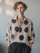 Women's Vintage Casual Cotton-Linen Polka-Dot V-Neck Long-Sleeve Shirt ZMZ0776G7ZYY