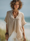 Women's Cotton-Linen Casual V-Neck Short-Sleeve Shirt ZMZ2712E4XT