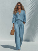 Women's Casual Linen V-Neck Long Sleeve Top And Wide Leg Pants Two-Piece Set ZMZ0378I3XT