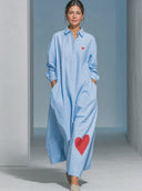 Women's Retro Casual Cotton Shirt With Heart Print Lapel Long Sleeve Loose Maxi Dress ZMZ2361G1ZJY