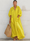 Women's Vacation-Style Flowy Lemon Yellow Cotton-Linen Oversized Shirt Dress ZMZ0350G9SWL