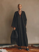 Women's Vintage-Style Elegant Casual Cotton-Linen V-Neck Long-Sleeve Loose Maxi Dress ZMZ1499H7ZYY
