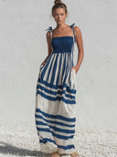 Women's Casual Resort-Style Navy & White Striped, Smocked Bodice, Spaghetti Straps Cotton Maxi Sundress ZMZ1482E7ZYY