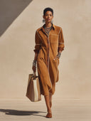 Women's Classic Caramel Faux Suede Long-Sleeve Midi Dress With Back Slit ZMZ1037H9SWL