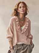 Women's Fashionable Light Pink Deep V-neck Ruffled Loose Long-sleeved Sweater ZMZ2007H3SWL