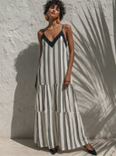 Women's Casual Vacation Vertical Stripe Print, V-Neck, Spaghetti Straps, Loose Fit Cotton-Linen Dress ZMZ2985E3ZYY