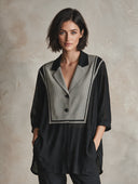 Women's Loose-fitting Plaid Patchwork Color-blocked Slit Collar Shirt ZMZ0334I6XT