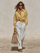 Women's yellow striped shirt and white trousers two-piece set ZMZ2522H7XT