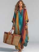 Women's Casual Vacation-Style Loose Fit, Short Sleeves, V-Neck, And Contrast Color Design Cotton-Linen Maxi Dress ZMZ1172E6ZYY