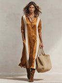 Women's Classic Color-Block Acetate Satin Long-Sleeve Midi Dress ZMZ0216I3SWL