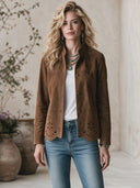 Women's Vintage Western-Style Stand Collar And Cut-Out Embroidery At The Hem Faux Suede Jacket ZMZ2877H0ZYY