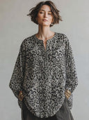 Women's Vintage Casual Leopard Print Cotton-Linen Henley Neck Long-Sleeve Loose Shirt ZMZ0419H1ZYY