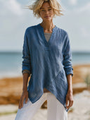 Women's Linen V-neck Asymmetrical Hem Long-sleeved Shirt ZMZ0132I2XT