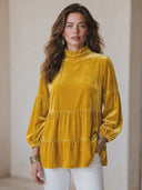 Women's Vintage Elegant Loose Velvet Shirt With Mandarin Collar And Lantern Sleeves ZMZ1723I1ZYY