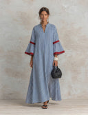 Women's Casual Resort-Style Cotton Vertical-Stripe V-Neck Flared-Sleeve Loose Maxi Dress ZMZ0323G1ZYY