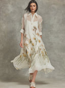 Women's Organza Floral Print Lapel Short-Sleeve Midi Dress (Includes Slip Dress) ZMZ2861D1XT