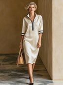 Women's Classic & Elegant Acetate Satin Midi Dress — Mid-Sleeve, Zip-Up Stand Collar ZMZ3015D2U