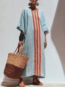 Women's Vacation Style Premium Linen Stripe V-Neck Kaftan Maxi Dress ZMZ1595F2YZH