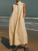 Women's Minimalist Resort Style Cotton Stand Collar Sleeveless Button-Front Maxi Dress ZMZ0879F7YZH