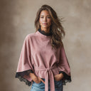 Women's French-style Relaxed Faux Suede Lace-trimmed Cape-style Short Trench Coat ZMZ1483I8XT