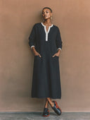 Women's Classic Casual Ribbed Henley Neck Multi-Pocket Long-Sleeve Loose Maxi Dress ZMZ1138H1ZYY