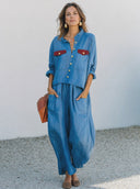 Women's Classic Blue Cotton-Linen Long-Sleeve Shirt And Wide-Leg Trousers Set ZMZ2492G7SWL