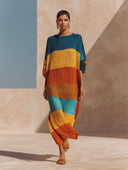 Women's Color-Block Striped Loose-Fit Long-Sleeve Knit Maxi Sweater Dress ZMZ0615H9XT