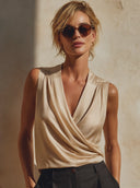 Women's Solid Color Satin V-neck Pleated Sleeveless Shirt ZMZ2642F3XT