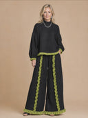 Women's Vintage-Style Casual Cotton-Linen Set: Long-Sleeve Mandarin Collar Top And Wide-Leg Pants With Elastic Waist ZMZ1496H6ZYY